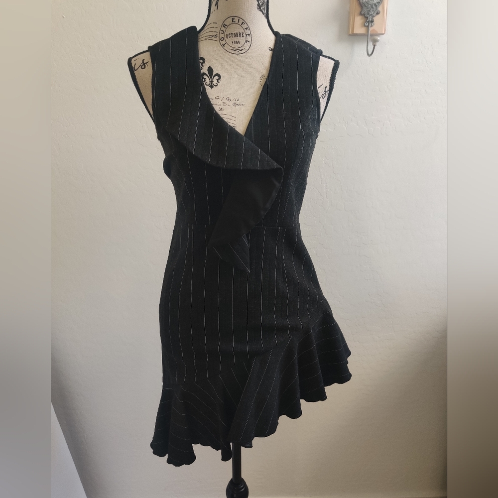 Saylor black pinstripe asymmetric ruffle Midi dress Whimsygoth_Small